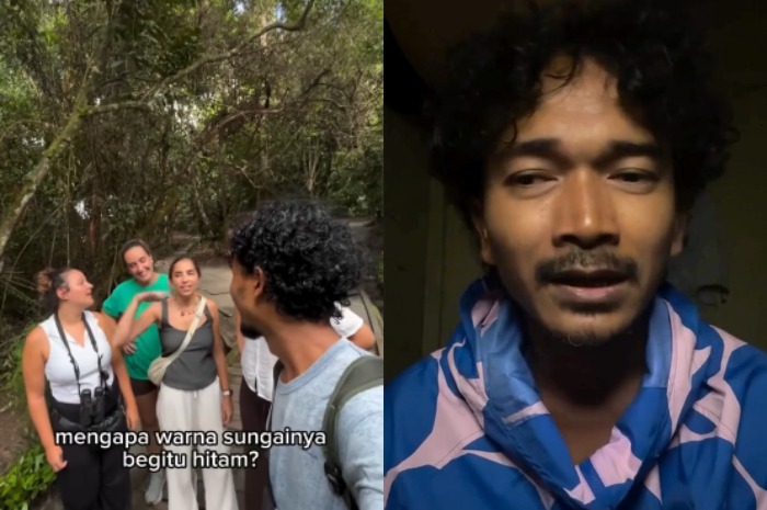 Menyoroti penjelasan seorang tour guide di Kalimantan tentang sungai air hitam yang kini dinilai mulai tercemar oleh limbah tambang emas. (Instagram.com/@orangudeny)
