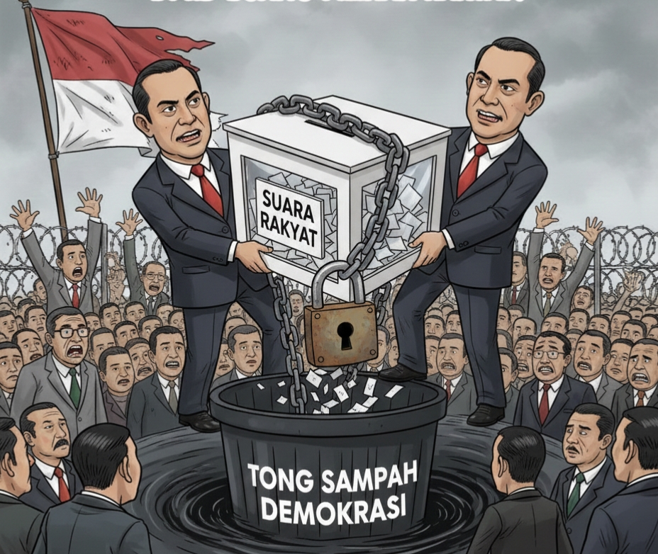 Ilustrasi kotak suara hasil pemilu yang merupakan suara dan pilihan rakyat, namun digembok rantai dan akan dibuang oleh anggota DPRD.