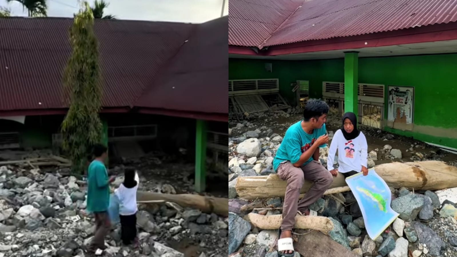 Bocah di Sumatera Barat berharap bantuan untuk sekolahnya usai bangunan rusak diterjang banjir bandang. (Instagram/ajo_wayoik)