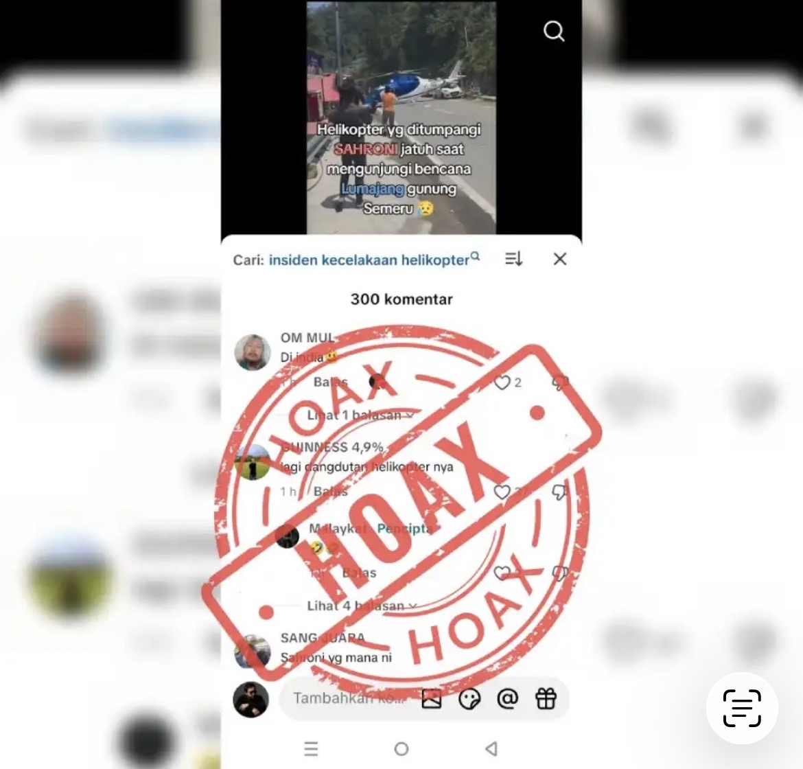Postingan video helikopter jatuh di Lumajang tidak benar. Diskominfo Lumajang beri stempel hoax.