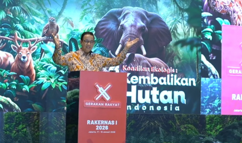 Anies Baswedan menyampaikan orasi saat Rakernas Perdana Gerakan Rakyat, di Jakarta Pusat, Sabtu (17/01/2026). (Dok. Gerakan Rakyat)&nbsp;