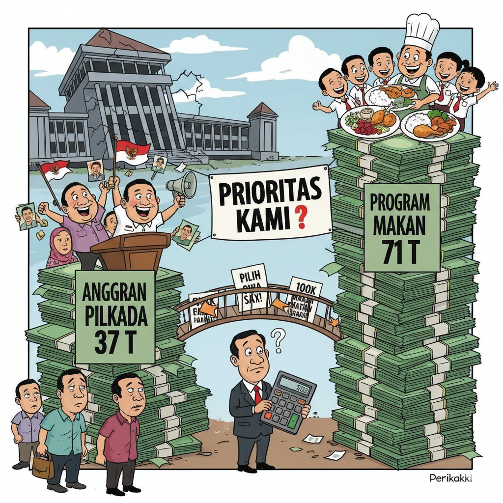 Ilustrasi ketimpangan anggaran Pilkada yang hanya separuh dari dana Program Makan Bergizi Gratis (MBG).