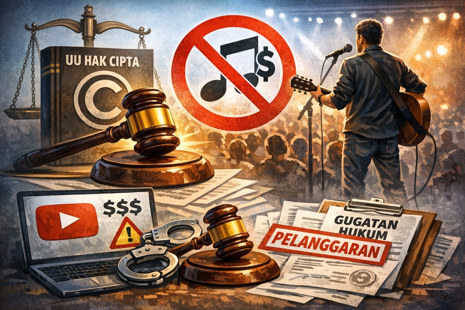 Karya seni musik dilindungi UU Hak Cipta. Pemutaran tanpa izin pencipta berisiko terjerat hukum.