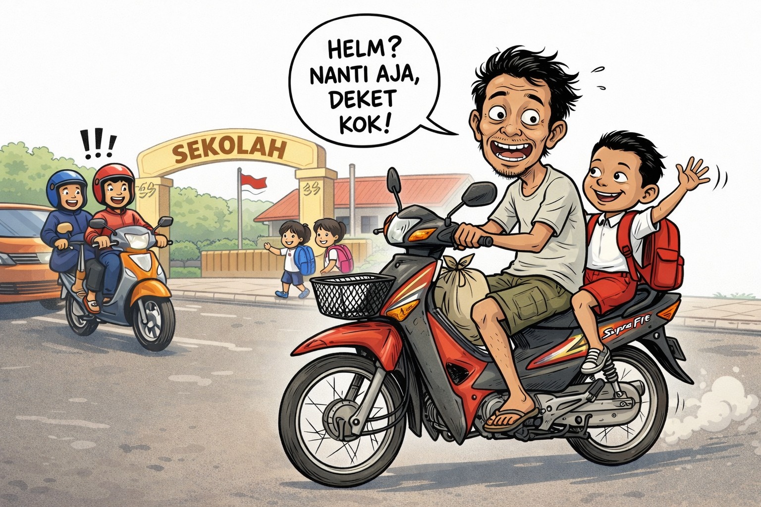 Pelanggaran berkendara yang paling banyak terlihat pada pagi hari adalah pemotor tak mengenakan helm saat mengantar anak ke sekolah.