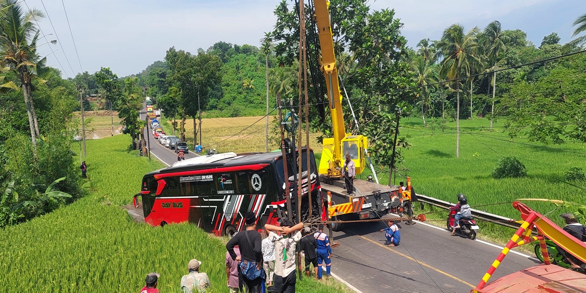 GUNAKAN CRANE: Proses evakuasi Bus bernopol M 7622 UA disopiri Hari Mulyono, 55, warga Lumajang yang mengalami kecelakaan &nbsp;di jalan Raya Desa Sumber Kejayan, Kecamatan Mayang menggunakan dua derek Cra
