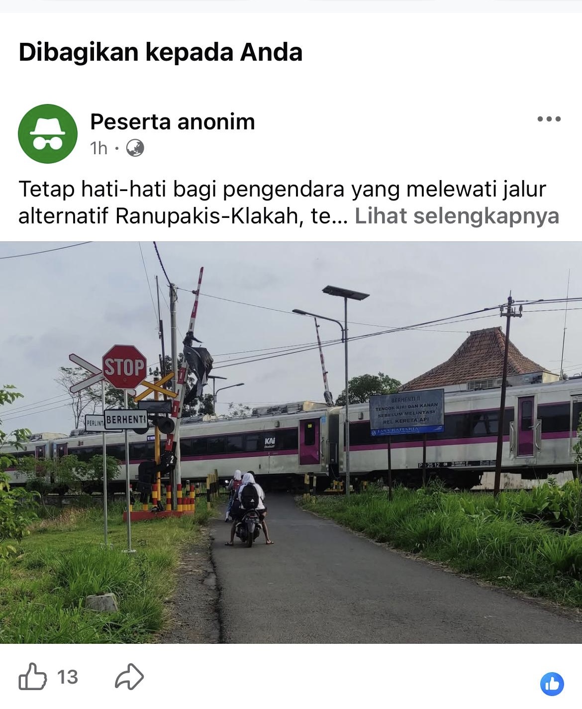 Kondisi palang KAI di Prayuana, Randuagung tak berfungsi.