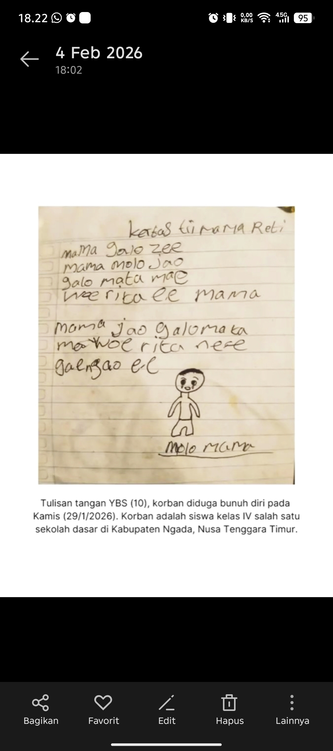 Tulisan tangan YBS (10), korban diduga bunuh diri pada Kamis (29/1/2026). Korban adalah siswa kelas IV salah satu sekolah dasar di Kabupaten Ngada, Nusa Tenggara Timur. (Dok. Polres Ngada)