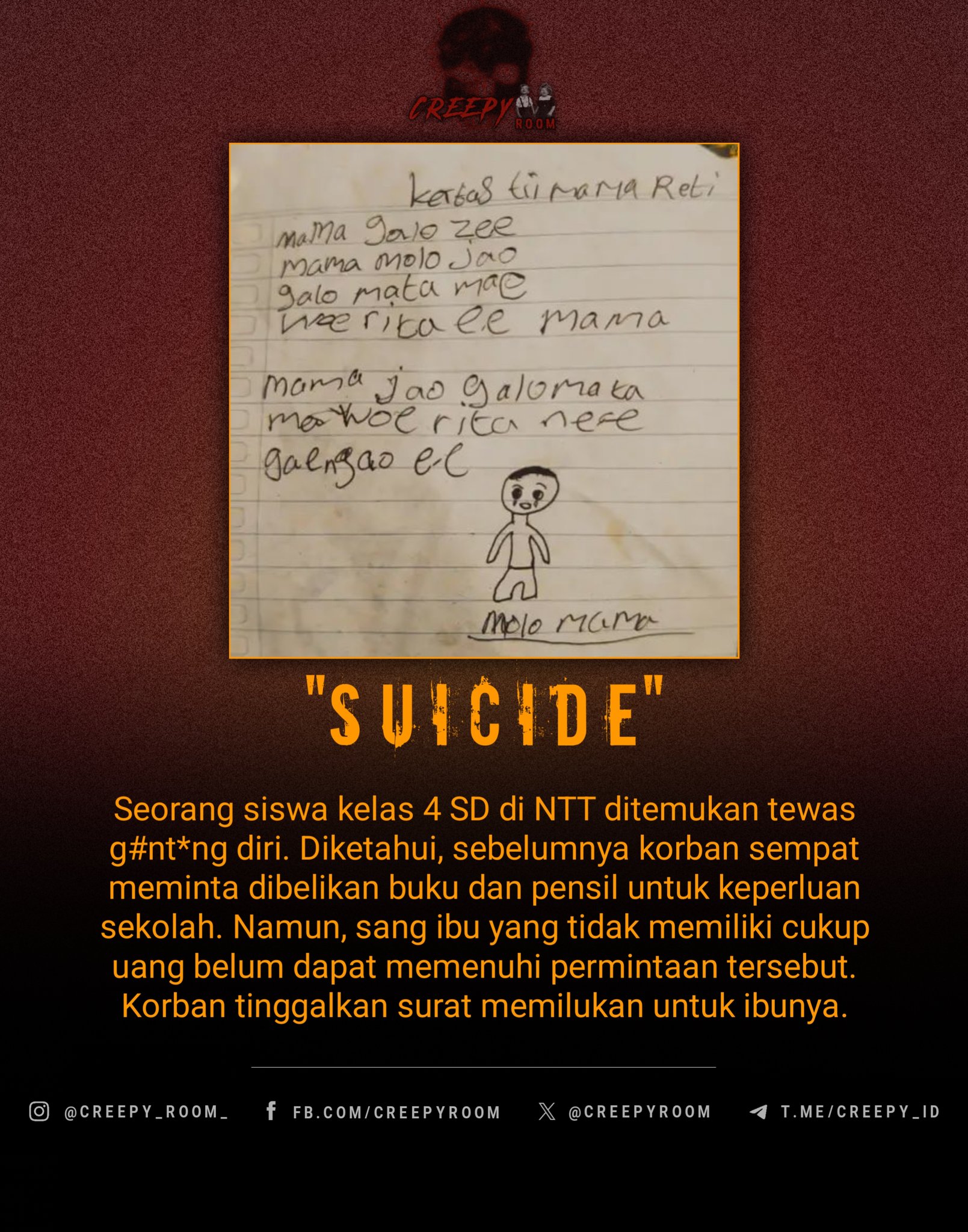Tulisan tangan YBS, bocah laki-laki berusia 10 tahun yang masih duduk di bangku kelas IV SD, ditemukan telah tiada pada Kamis (29/1/2026) siang. (Dok. Polres Ngada)