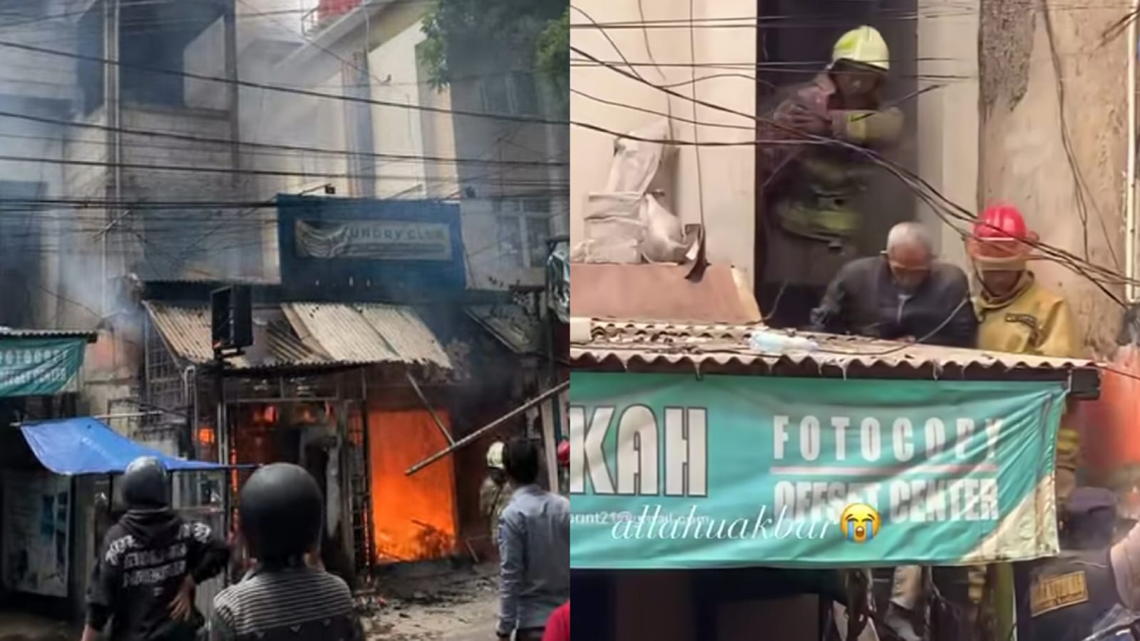 Damkar mengevakuasi kakek dan cucu saat terjadi kebakaran di bangunan usaha laundry di Kota Bandung. (Instagram/sonyamstk)