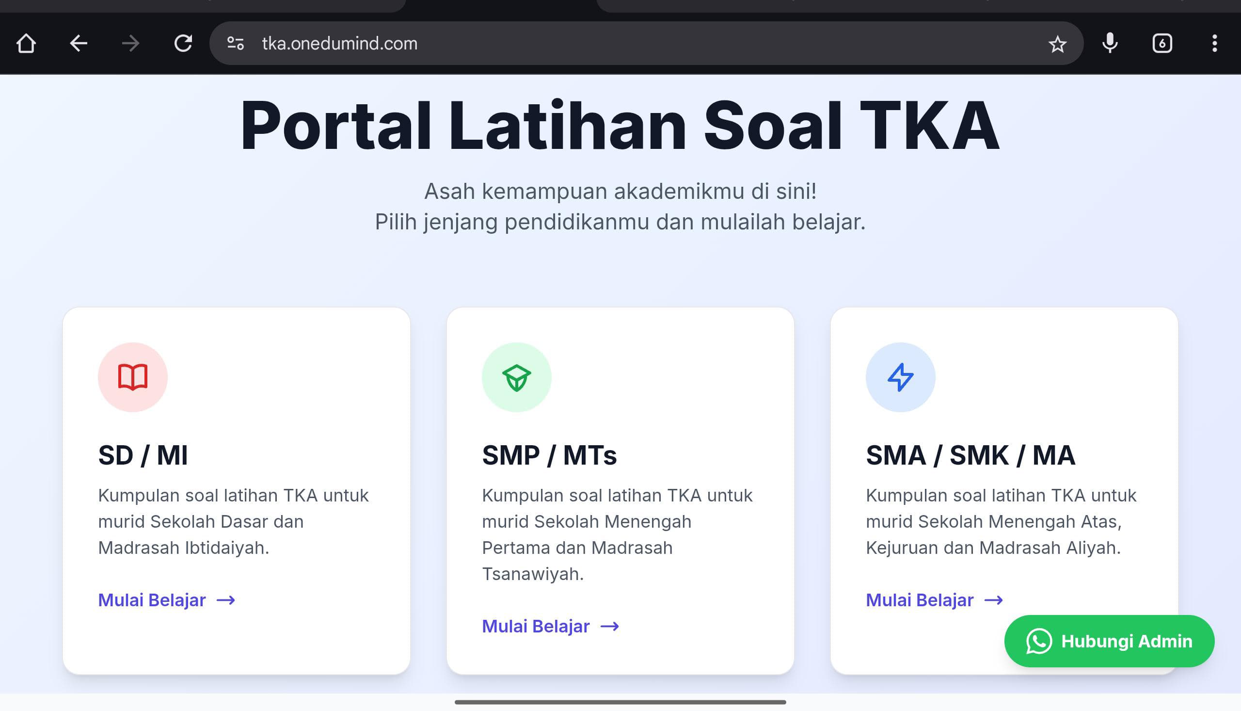 SIMULASI TKA: Tangkapan layar salah satu portal penyedia soal latihan belajar dan simulasi TKA (Foto: tangkapan layar tka onedumind)