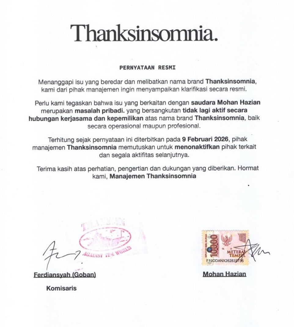 Pernyataan resmi Thanksinsomnia terkait kasus dugaan pelecehan seksual oleh Mohan Hazian.