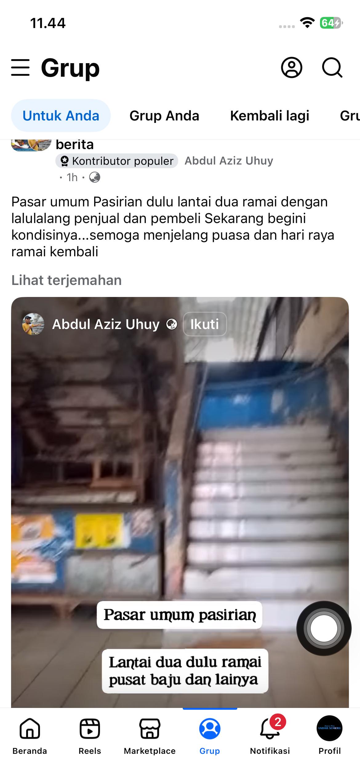 Tangkap layar kondisi pasar di Pasirian  sepi pembeli.