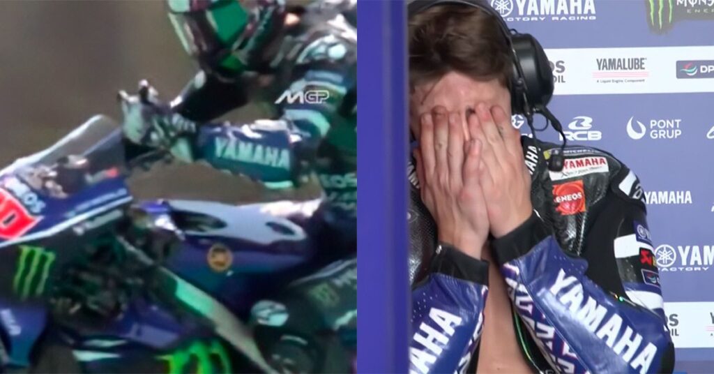 Gestur Fabio Quartararo yang tampak frustrasi terhadap performa motor Yamaha YZR-M1 di Buriram, Thailand. 