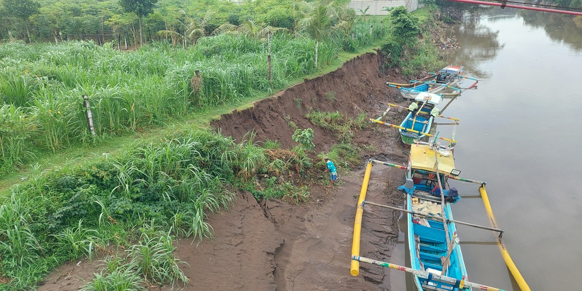 AMBROL: Tanah pekarangan warga di Desa Lojejer, Kecamatan Wuluhan, longsor akibat tergerus luapan sungai. (JUMAI/RJ)