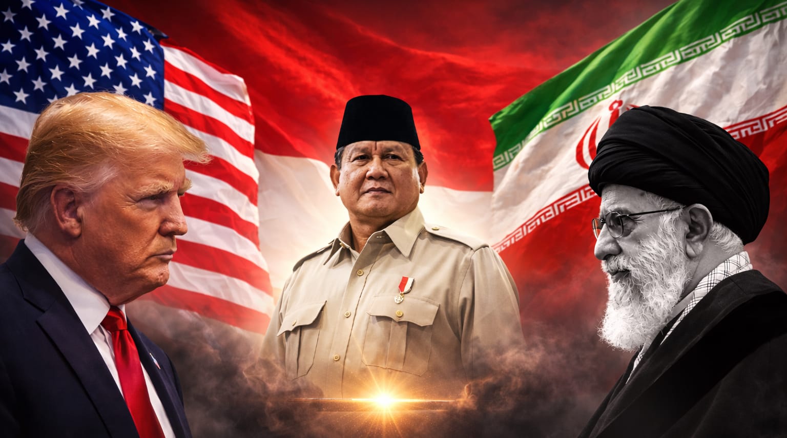 Presiden Amerika Donald Trump, Presiden RI Prabowo Subianto, dan Pemimpin Tertinggi Iran, Ayatollah Ali Khamenei