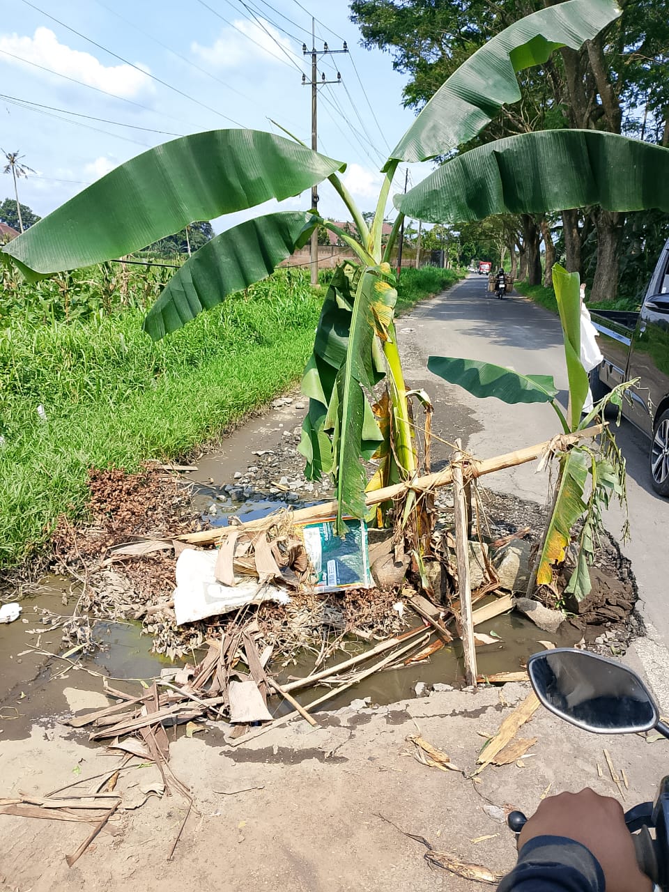 MEMBAHAYAKAN: Sejumlah ruas jalan di Kecamatan Tamanan rusak parah. Warga sekitar pun akhirnya sampai memberi tanda titik berlubang dengan menanam pohon pisang.  