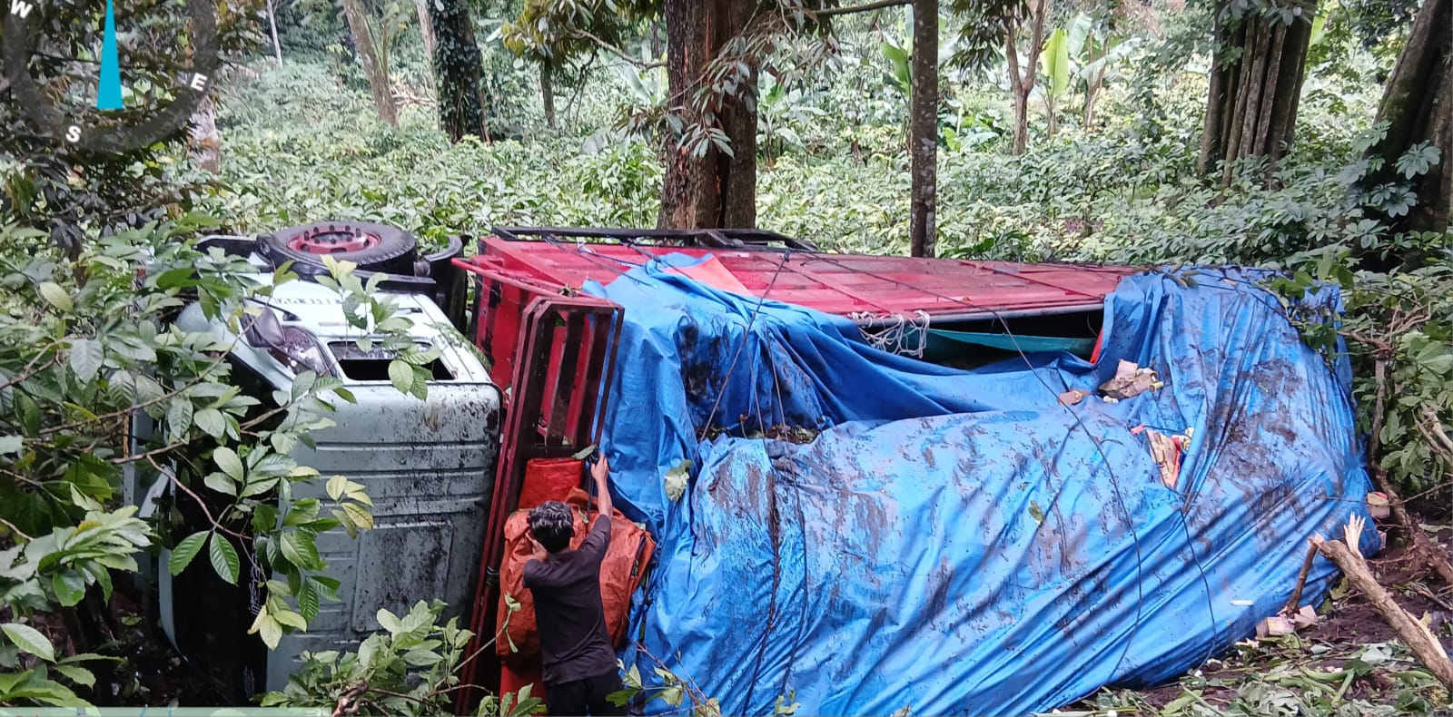 TERGULING SAAT PARKIR: Truk tronton L 9319UV disopiri Akbar Hidayatullah, 25 warga Desa Montok, Kecamatan Larangan, Pamekasan terguling di Jalur Gumitir, Silo, Jember Rabu (11/3/2026) pukul 11.30 wib.