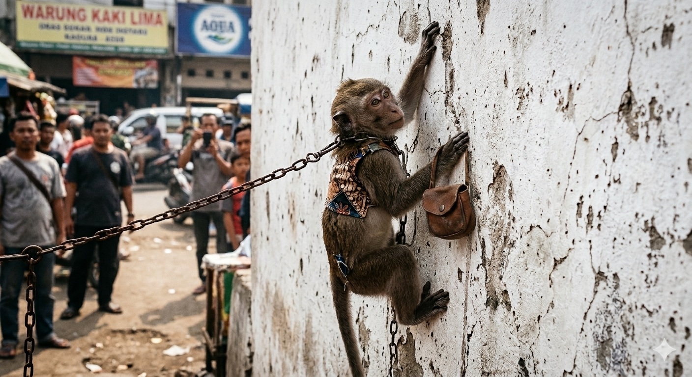 Ilustrasi eksploitasi satwa dalam atraksi topeng monyet.