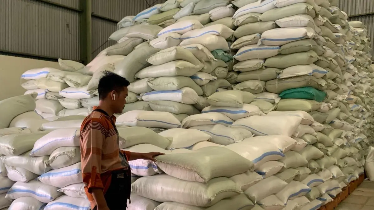 MELIMPAH: Stok beras di Gudang Bulog Bondowoso melimpah, hasil dari serapan gabah dari petani.