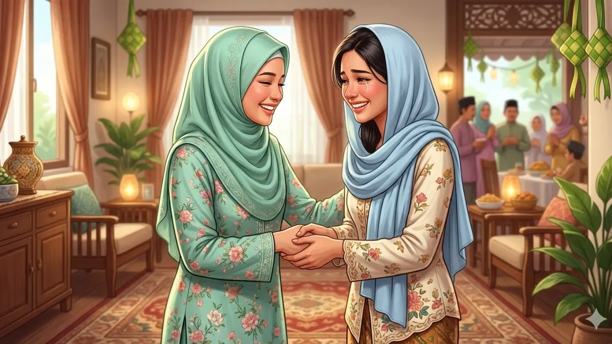 Ilustrasi momen bermaafan dalam Idulfitri. (AI)