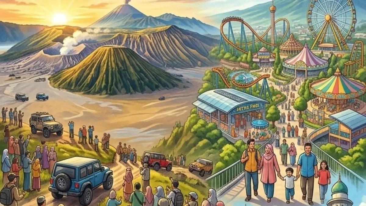 Jawa Timur memiliki beragam wisata unggulan, bahkan berkelas dunia. Berikut beberapa destinasi di Jatim yang bakal jadi jujukan saat libur Lebaran (ilustrasi: AI)