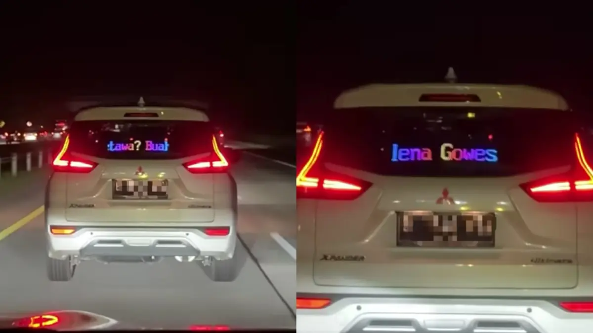 Momen unik pemudik saat bertemu mobil dengan running text tebak-tebakan. (TikTok/kee.roon)