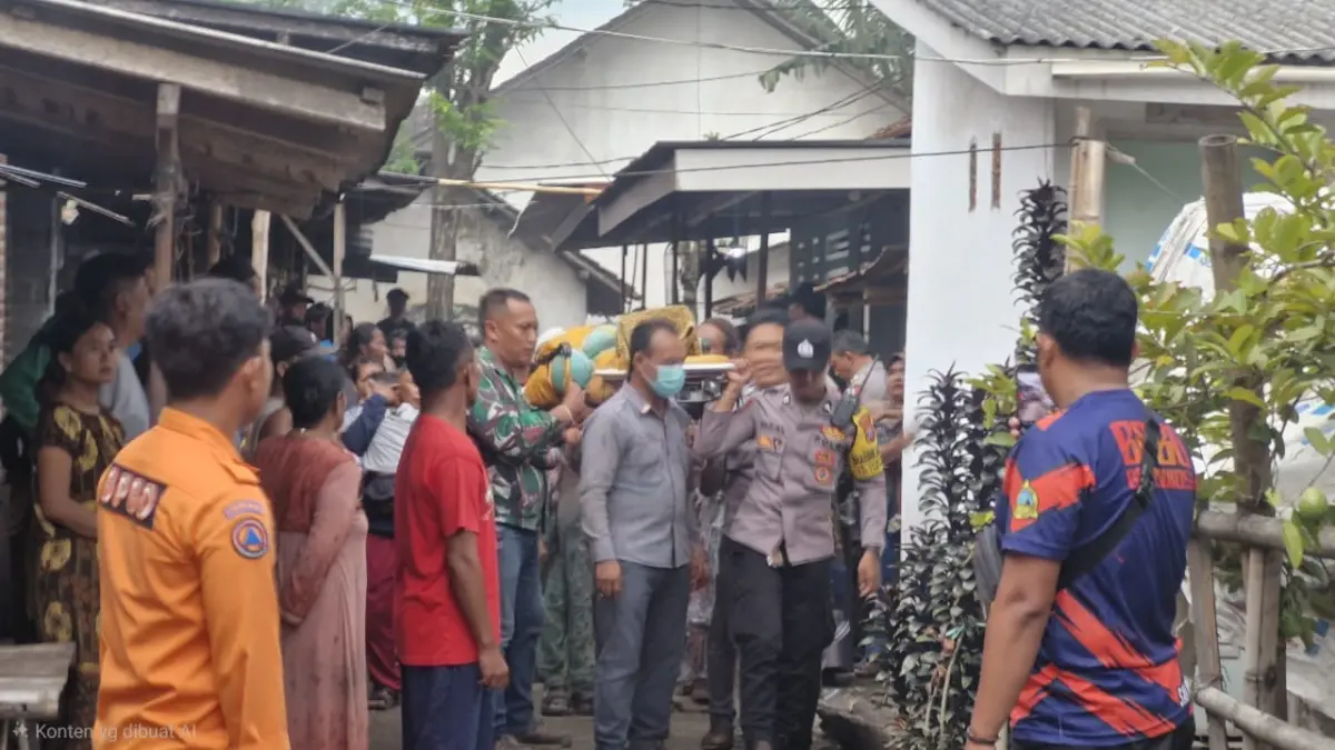 BERDUKA: Petugas gabungan membawa jenazah pemuda yang sempat hanyut dan hilang di aliran Sungai Sampean Baru, kemarin (BPBD BONDOWOSO)