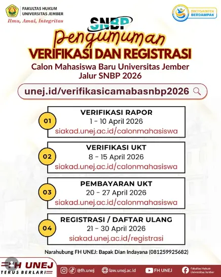 Jadwal Penting Verifikasi dan Registrasi Jalur SNBP 2026. (DOK IG FH UNEJ)