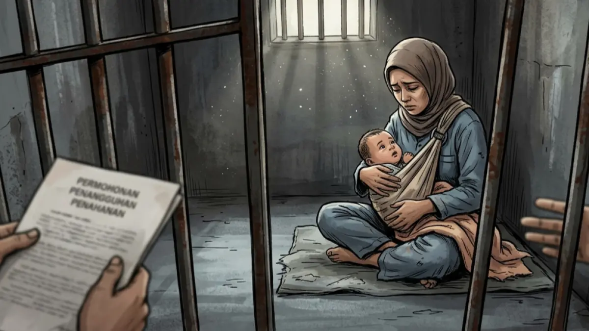 Ilustrasi ibu dan bayinya yang masih berusia 7 bulan mendekam di dalam penjara. 