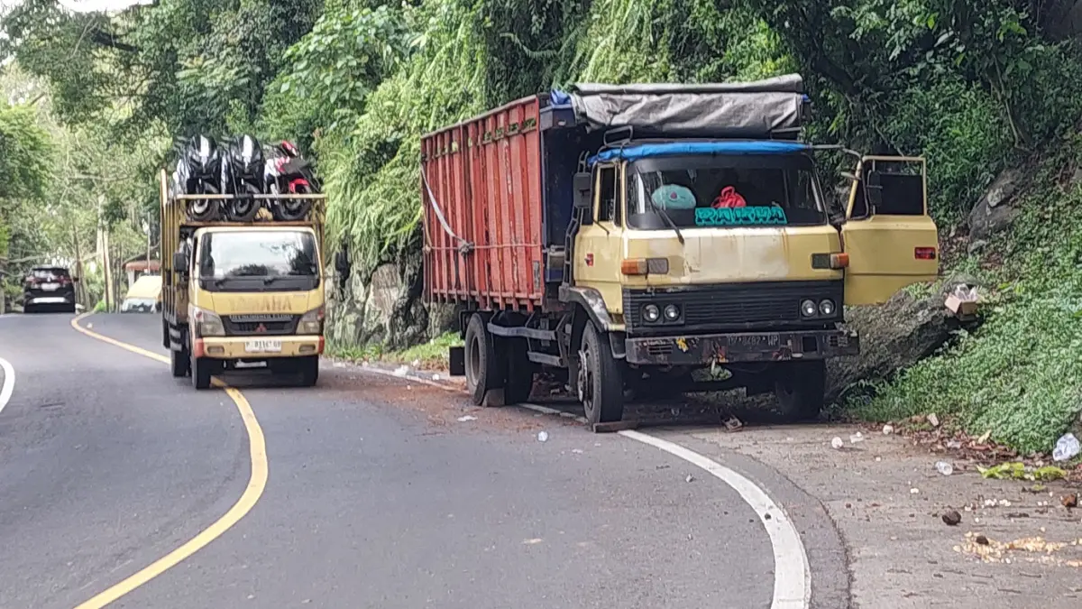 MOGOK:&nbsp;Truk mengalami masalah saat melintas di jalur Gumitir, Jalan Nasional Jember – Banyuwangi. (JUMAI/RADAR JEMBER)