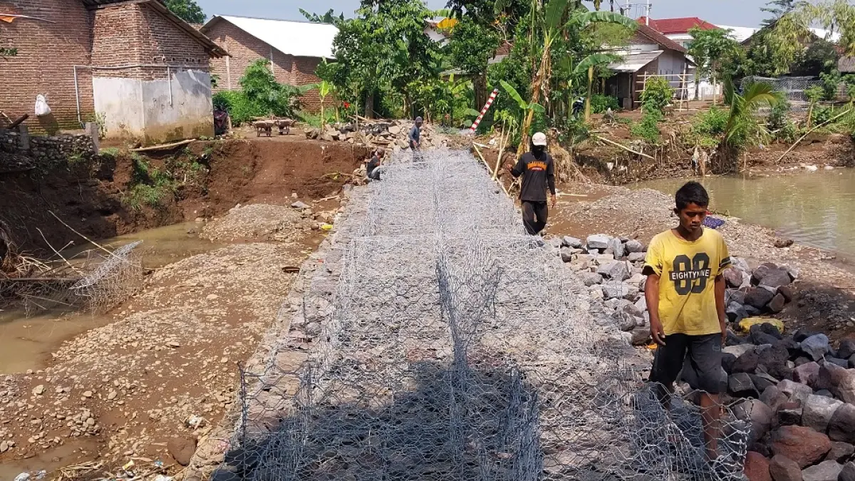 DIPASANG BRONJONG: Sejumlah pekerja memasang puluhan meter bronjong dari Dinas PU Sumber Daya Air Provinsi Jatim di sekitar rumah warga Dusun Krajan, Desa Gugut, Kecamatan Rambipuji. (JUMAI/RADAR JEMBER)
