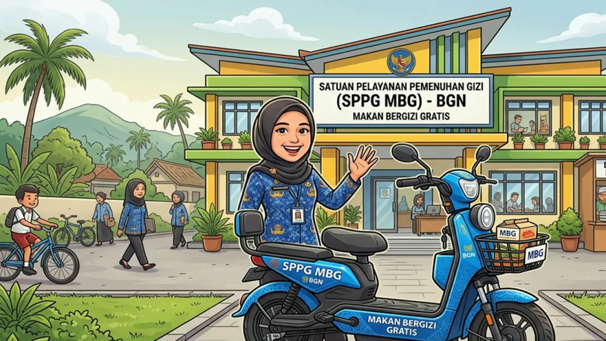 ilustrasi karikatur seorang pegawai sppg dengan sepeda motor listrik. (FOTO AI)