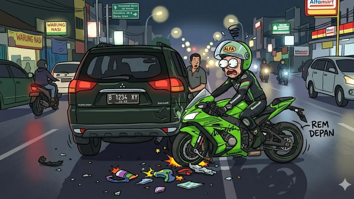Ilustrasi kecelakaan yang melibatkan motor dengan mobil di Jalan Hayam Wuruk, Kaliwates, Jember. (foto: AI)