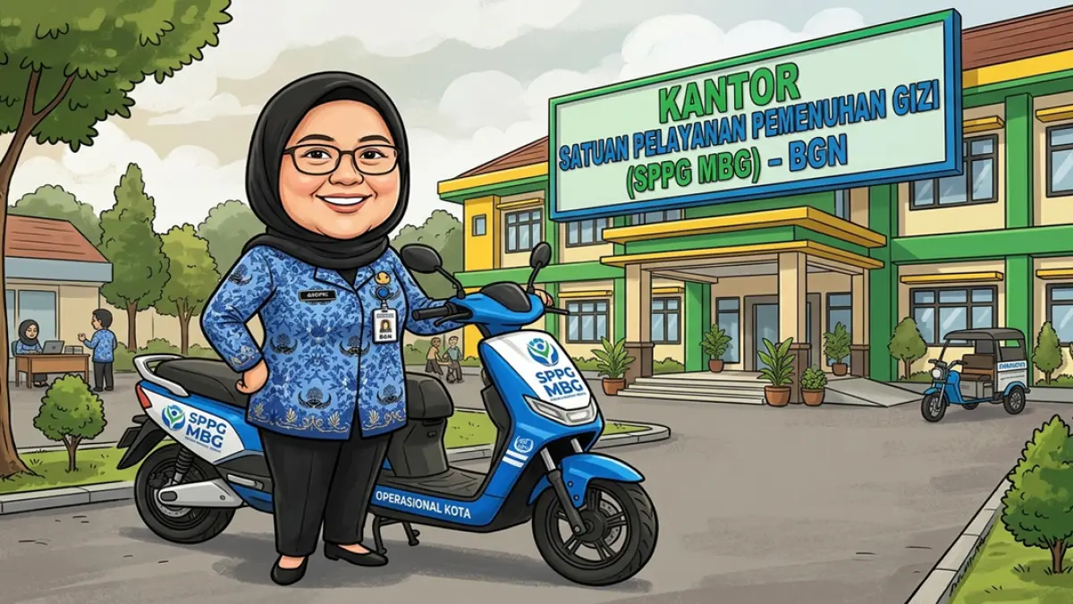 ilustrasi seorang pegawai sppg mbg ketika bersanding dengan sepeda motor listrik. (FOTO ILUSTRASI AI)