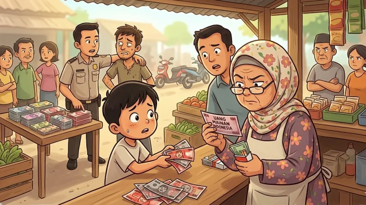 Seorang pria di Desa Wirowongso, Ajung, Jember, diamankan polisi setelah ketahuan menggunakan uang mainan untuk bertransaksi melalui perantara anak kecil. Polisi menyita barang bukti uang mainan senilai Rp 2 juta. (ilustrasi: AI)