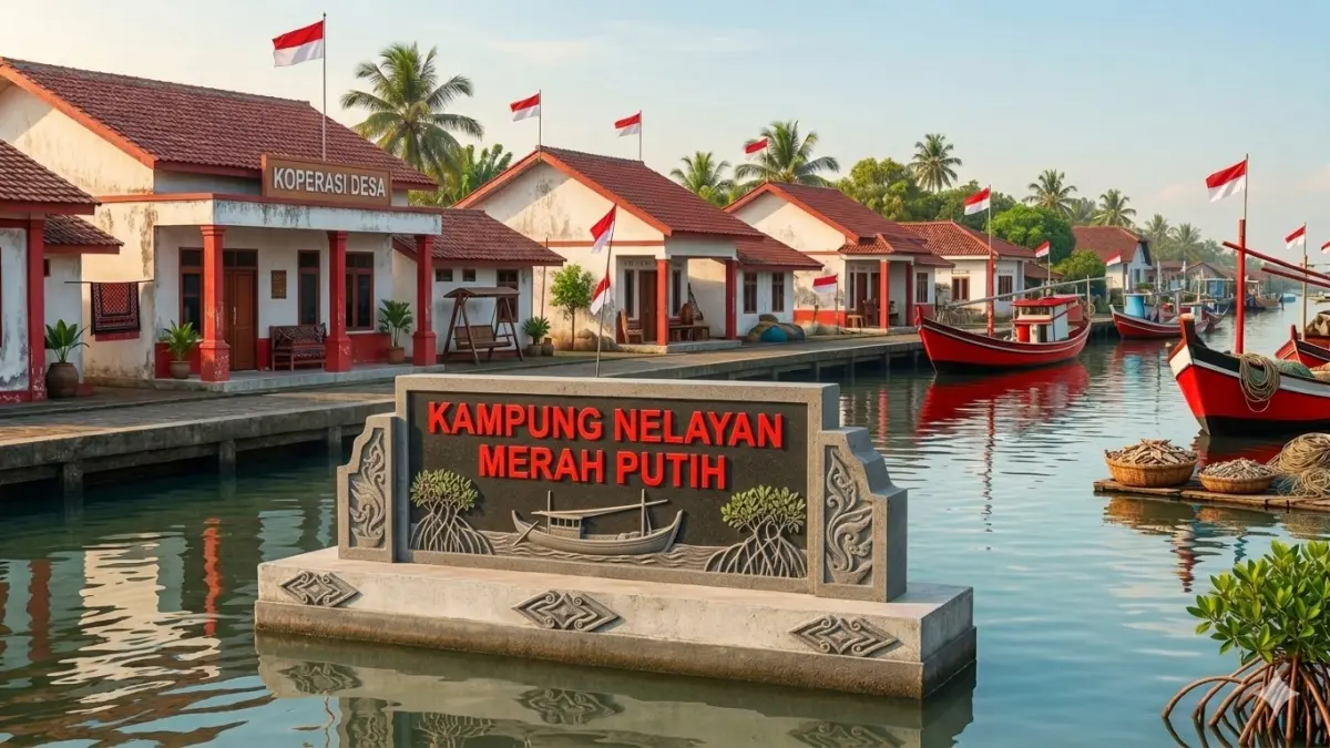 Ilustrasi Kampung Nelayan Merah Putih. Pemerintah resmi membuka rekrutmen nasional untuk 5.476 formasi pengelola Kampung Nelayan Merah Putih (KNMP). (foto diolah dengan AI)