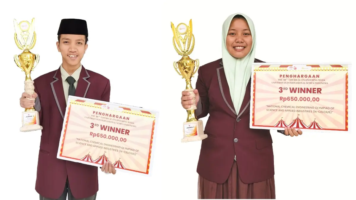 MEMBANGGAKAN: Muhammad Izzul Labib dan Savira Putri Fatma, sukses menembus podium nasional dalam ajang N-Celcius 2026 di UISI Gresik. (SMA NURIS JEMBER)