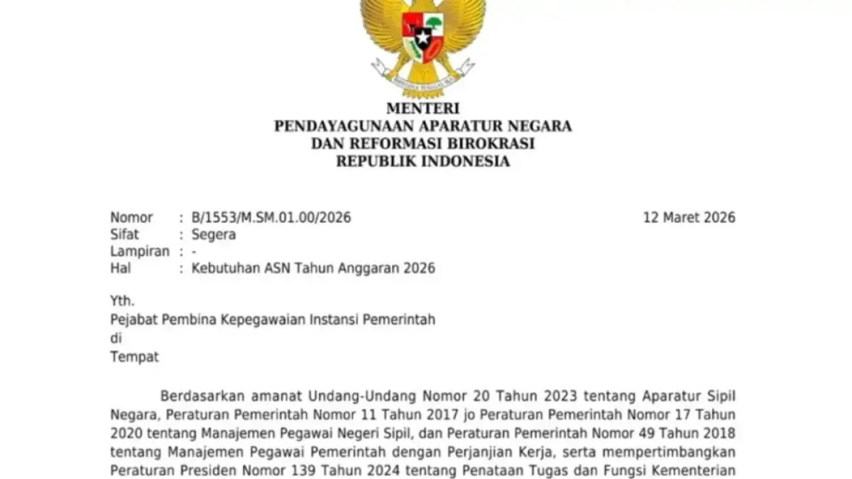 Tangkapan layar Surat MenPANRB bernomor B/1553/M.SM.01.00/2026.