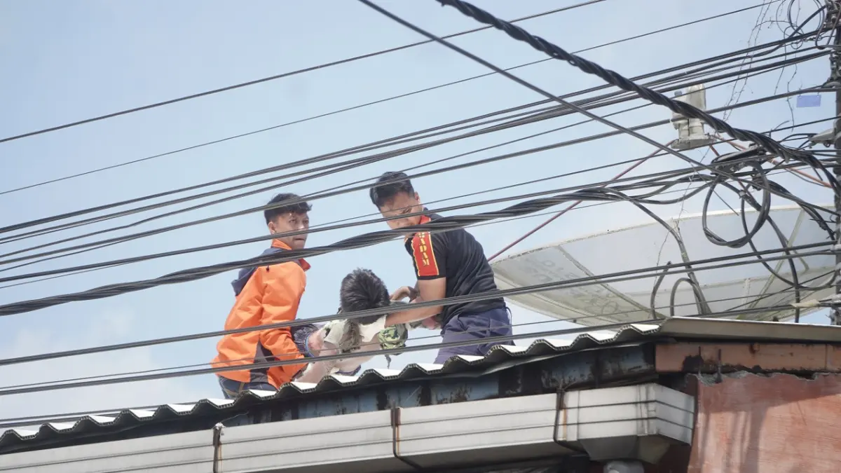 EVAKUASI: Proses evakuasi terhadap ZM, anak yang tersengat listrik di atap toko bangunan di Jalan Gajah Mada, Kecamatan Kaliwates, kemarin. (SIDKIN ALI/RADAR JEMBER)