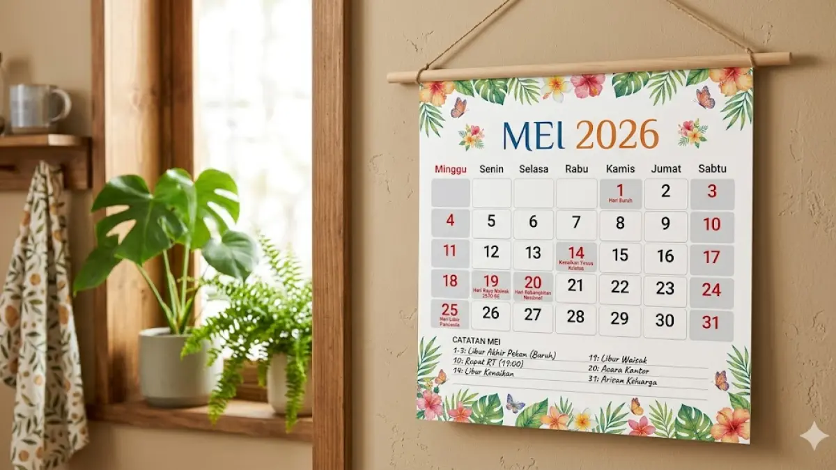 Ilustrasi kalender bulan Mei 2026 penuh dengan tanggal merah