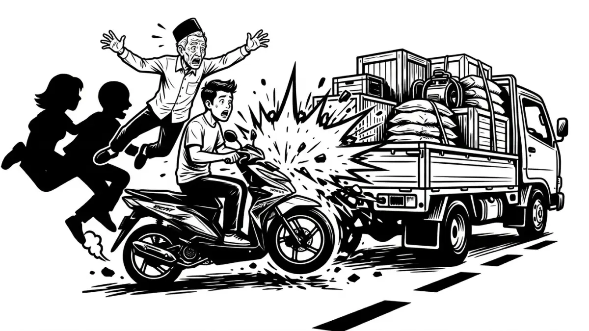 Ilustrasi kecelakaan di Jalan Raya Desa Sumberagung, Kecamatan Sumberbaru, yang melibatkan sepeda motor dan truk parkir hingga menelan korban jiwa. (ilustrasi diolah dengan AI)