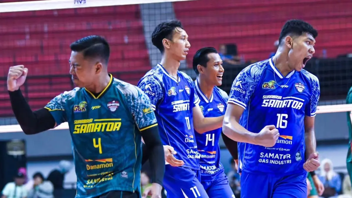 Para Pemain Surabaya Samator melakukan selebrasi Pasca mendapatkan poin, ketika menghadapi Jakarta Garuda. (IG: surabayasamator)