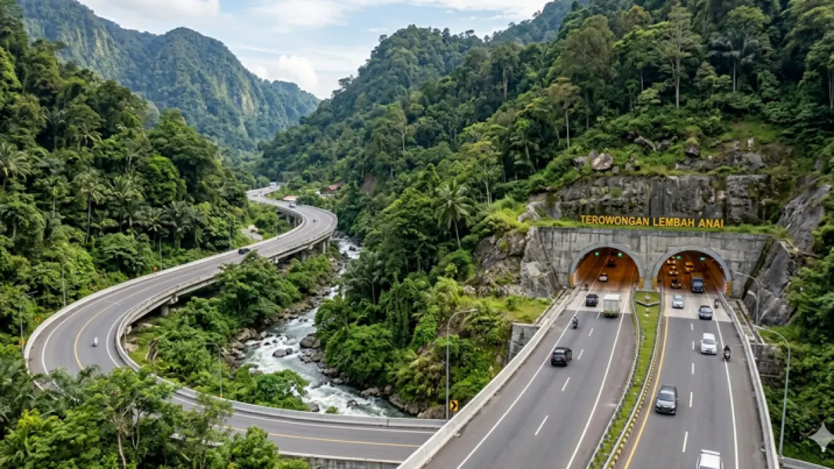 ilustrasi gambar proyel jalan tol lembah anai yang menembus bukit dengan jalan berkelok. (AI)
