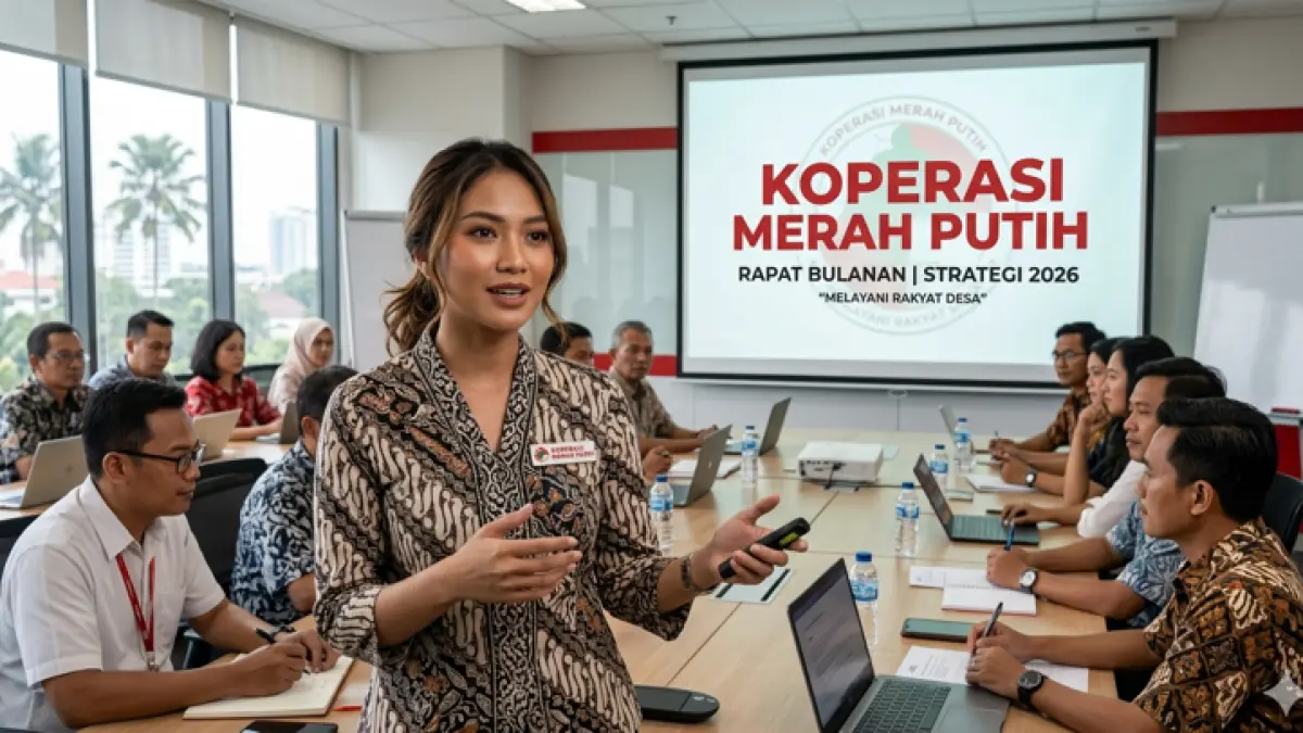 Ilustrasi seorang manajer koperasi merah putih ketika sedang memimpin rapat. (ILUSTRASI AI)
