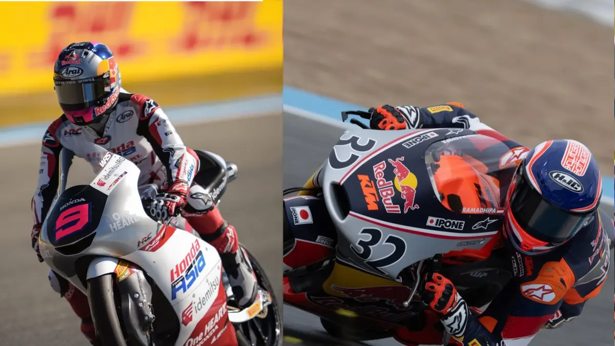 Veda Ega Pratama (9), rider Moto3 asal Gunungkidul, dan Kiandra Ramadhipa (32), asal Sleman, sama-sama star dari posisi ke-17 di dua kelas race berbeda. Namun, keduanya mampu menyalip belasan rider hingga barisan terdepan. (instagram/veda_54/mk.ramadhipa212)