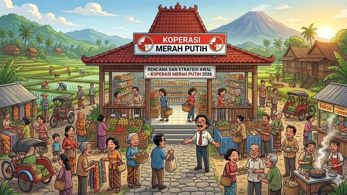 ilustrasi sebuah koperasi desa merah putih sedang beroperasi melayani pembeli. (ILUSTRASI AI)