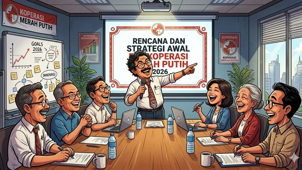 ilustrasi seorang manajer KDMP saat memimpin rapat dengan para pegawai lainnya. (ILUSTRASI AI)
