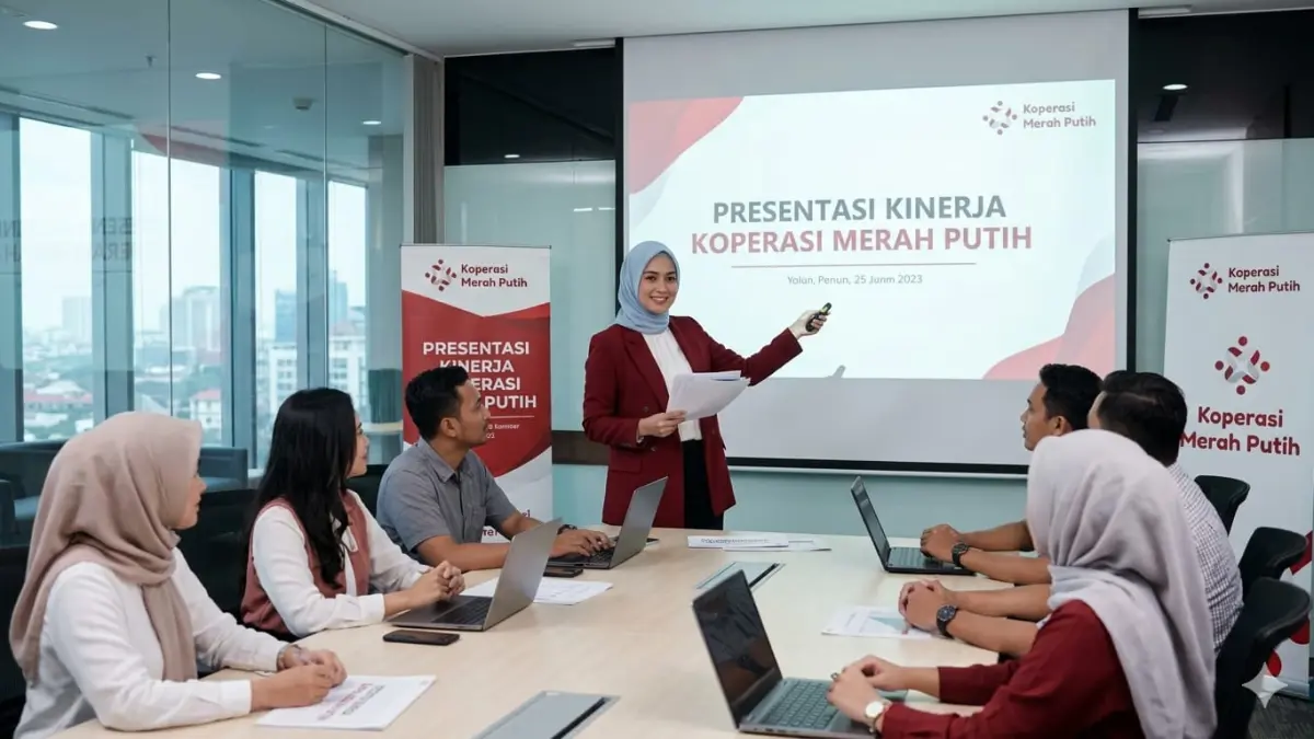 ilustrasi seorang manajer koperasi merah putih ketika sedang memimpin sebuah rapat. (ILUSTRASI AI)