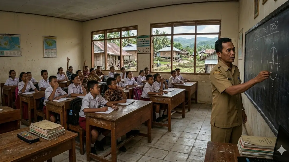 Ilustrasi guru honorer di perdesaan. Anggota Komisi II DRP RI mengkritik nomenklatur guru non-ASN dan mendesak pemerintah menggunakan pendekatan kemanusiaan serta jalur afirmasi dalam menyelesaikan persoalan tenaga honorer nasional. (foto diolah dengan AI)