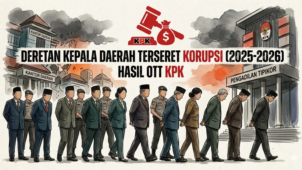 Ilustrasi deretan Kepala daerah, bupati dan gubernur, di Indonesia yang terseret kasus korupsi sepanjang tahun 2025-2026 hasil OTT KPK.&nbsp;